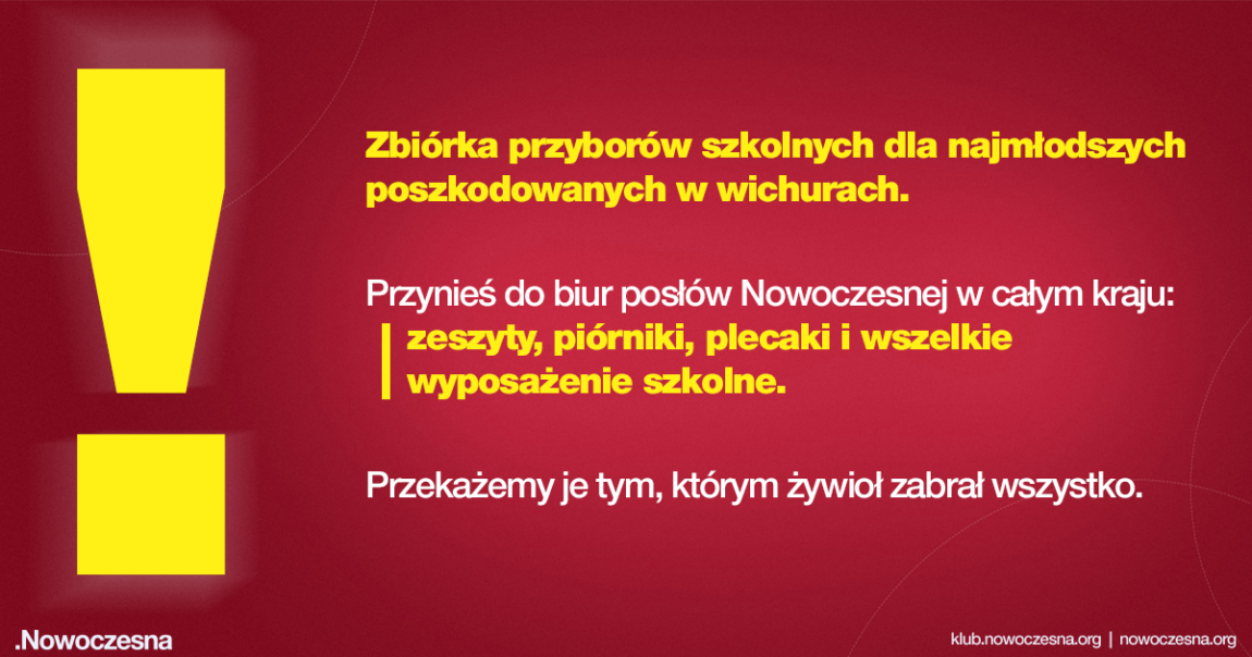 Nowoczesna kompletuje wyprawki szkolne dla najmłodszych poszkodowanych przez wichury